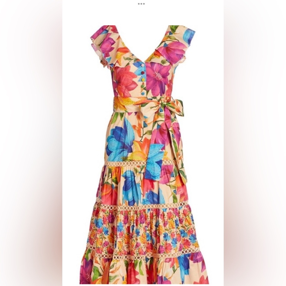 FARM RIO MARY'S GARDEN RUFFLE NECK COTTON DRESS